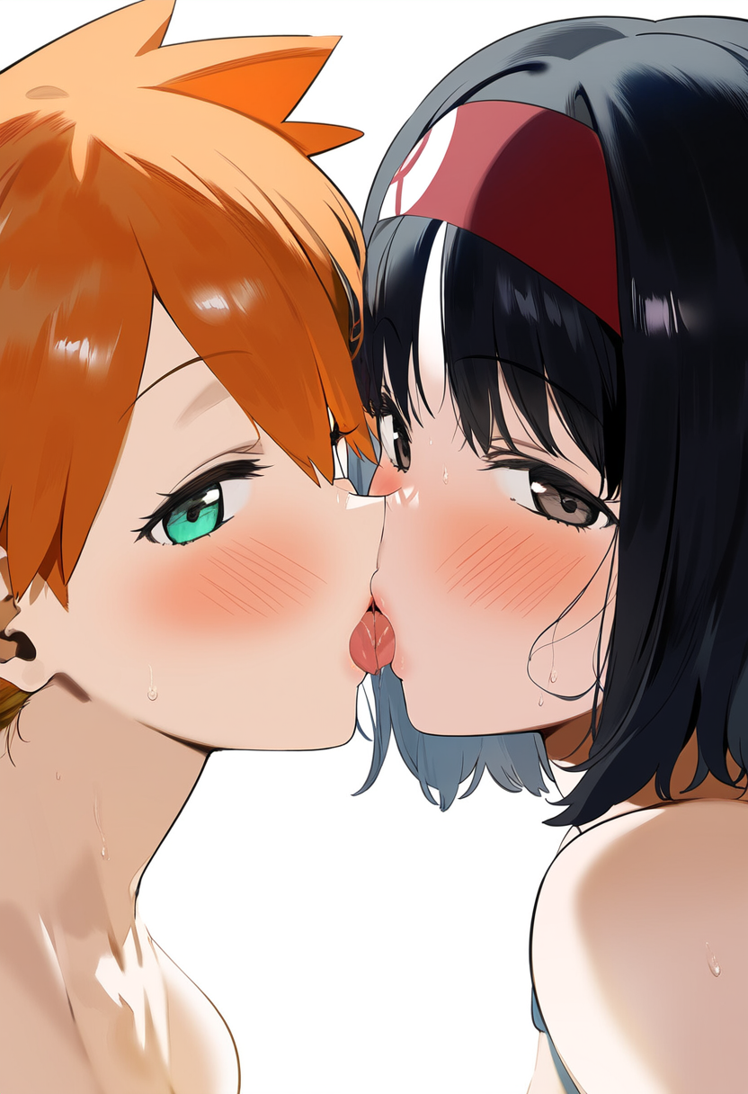 2girls ai_generated aseasemamire asymmetrical_hair bangs bare_shoulders black_eyes black_hair blush breast-to-breast breasts brown_eyes clavicle clothing erika_(pokemon) eye_contact eyelashes female female french_kiss green_eyes gym_leader hairband headwear kasumi_(pokemon) kasumi_(pokemon) kissing licking looking_at_another looking_at_viewer multiple_girls nipples nude open_mouth orange_hair pokemon pokemon_(anime) pokemon_(classic_anime) pokemon_(game) pokemon_character ponytail red_hairband saliva saliva_trail short_hair sweat swimsuit tongue tongue_out upper_body yuri