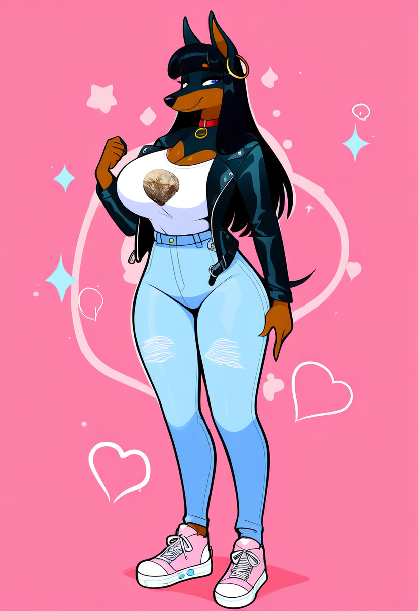 ai_generated blue_eyes blunt_bangs choker cleavage collar curvy doberman female_focus furry_female furry_only hourglass_figure jacket jeans large_breasts leather_jacket long_hair majorfluffy mature_female midriff novel_ai novelai safe shoes solo solo_female solo_focus straight_hair tight_jeans