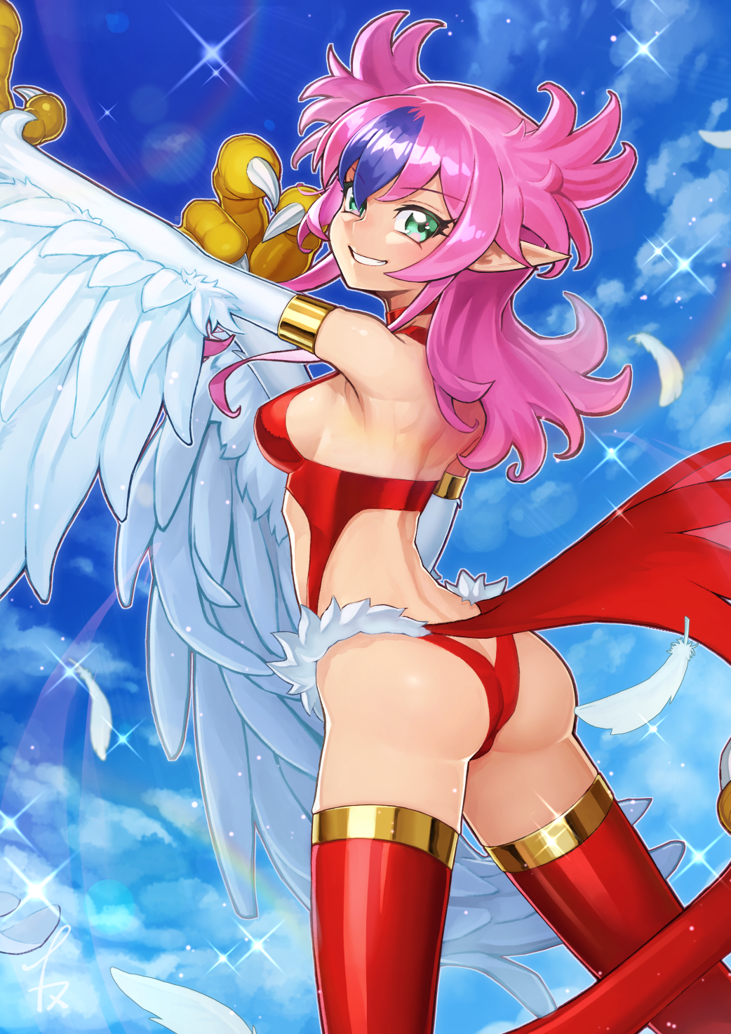 ass bird_girl duel_monster elf_ears feathered_wings gold_band harpie_cielo harpy inomatakonomu pink_hair purple_hair red_latex two_tone_hair yu-gi-oh!