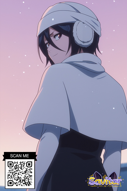 ai_generated black_hair bleach brown_eyes capelet clothing earmuffs female female from_behind hair_between_eyes hat kuchiki_rukia kuchiki_rukia littlehentai looking_at_viewer looking_back savitar savitar_(artist) short_hair sky smile solo