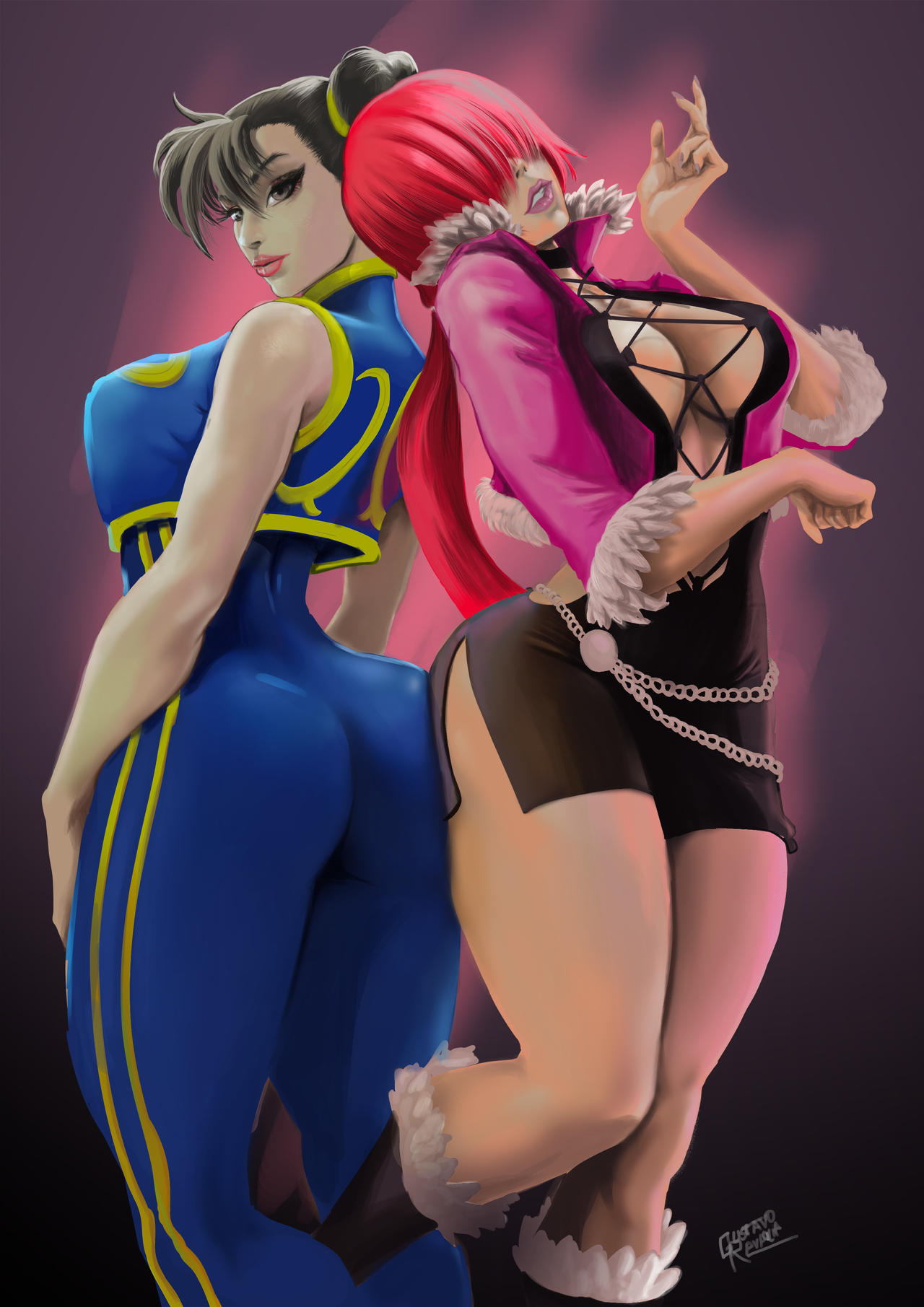 2girls ass ass_press ass_to_ass big_ass big_breasts boots breasts brown_eyes brown_hair busty chun-li clothed curvaceous curvy curvy_female female fluffy from_behind gustavoravaglia hair_bun huge_ass huge_breasts jacket juicy_butt king_of_fighters large_ass large_breasts light-skinned_female light_skin long_hair looking_at_viewer looking_back pale-skinned_female pale_skin ponytail pressing_against red_hair round_butt shermie_(kof) skirt soft_breasts standing street_fighter thick_ass thick_legs thick_thighs thighs tied_hair tight voluptuous voluptuous_female white_skin wide_hips