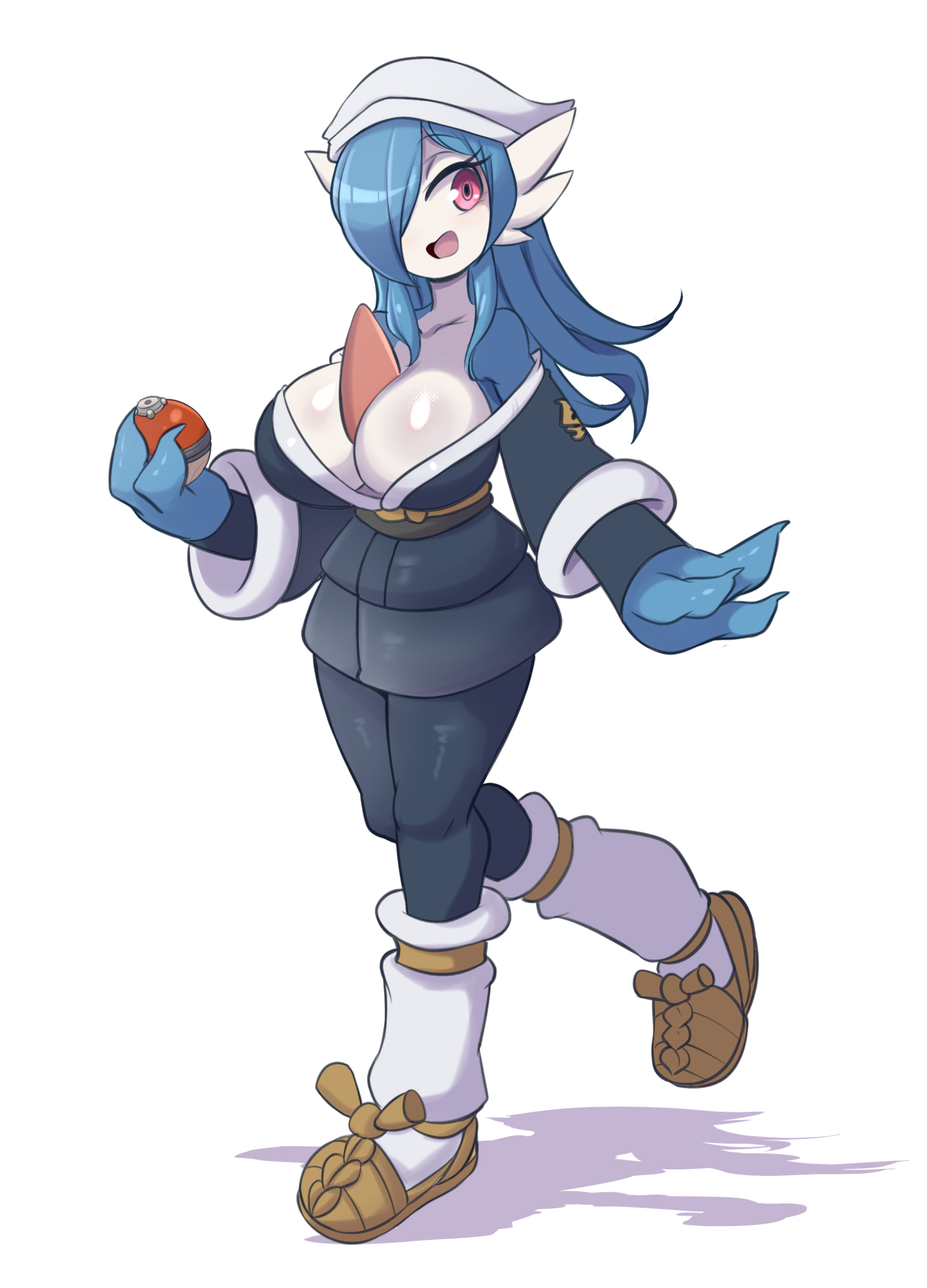 akari (pokemon) (cosplay), big breasts, black legwear, breasts, cleavage, dress, female, gardevoir, huge breasts, jacket, leggings, lucyfercomic, pants, pokemon, pokemon (species), shoes, tagme, thick thighs, wide hips