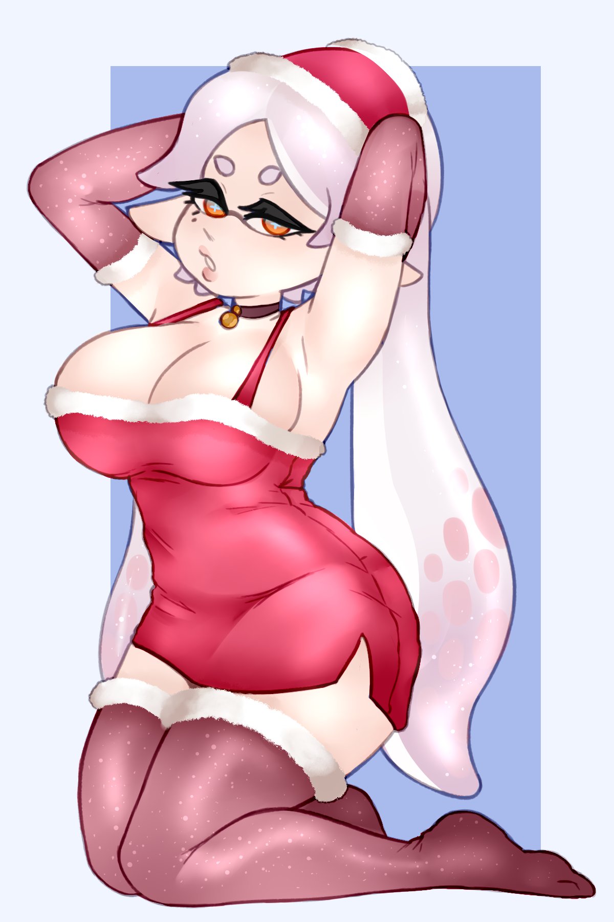 1girls arms_up breasts choker christmas cleavage dress female hair_down inkling inkling_girl large_breasts long_hair looking_at_viewer marie_(splatoon) mole mole_under_eye nintendo pointy_ears red_dress santa_costume santa_dress santa_hat solo solo_female solo_focus splatoon tentacle_hair thighhighs vespbee white_hair