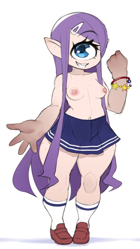 cyclops cyclops_girl juno_the_cyclops_(krokobyaka) krokobyaka nipples one_eye original original_character purple_hair school_uniform schoolgirl_uniform slippers tagme third-party_edit topless topless_female