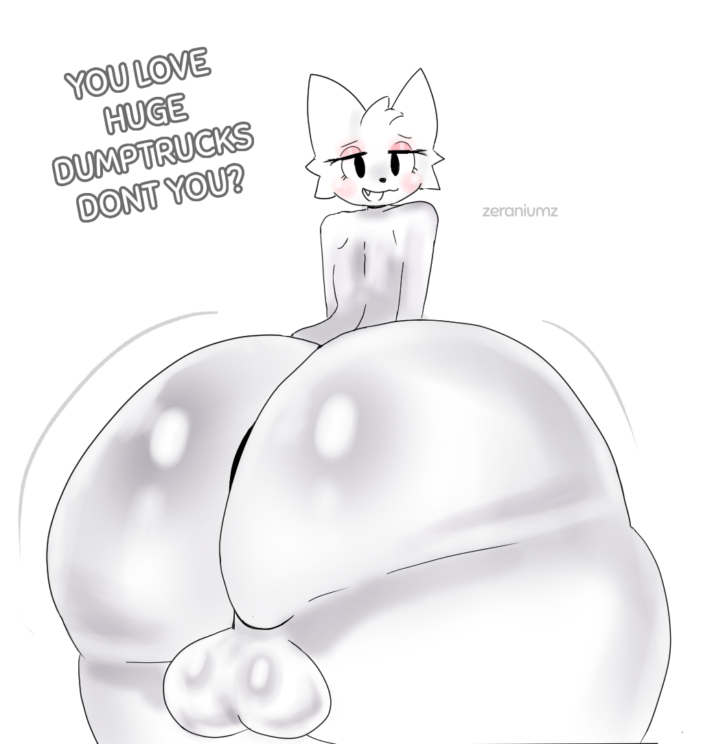 ass ass_bigger_than_head balls ballsack boykisser boykisser_(meme) butt_focus butt_jiggle femboy femboy_focus furry huge_ass huge_butt shiny_butt tagme text white_fur zeraniumz