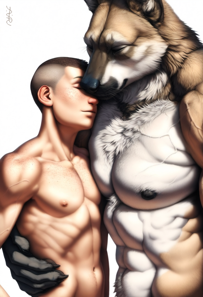 2024 2boys abs ai_generated animal_humanoid anthro anthro_on_human avaru biceps black_nipples black_nose brown_body brown_fur brown_hair canid canine canis duo freckles fur furry gay hair hug human human_on_anthro humanoid male male_focus male_only mammal muscular muscular_male nipples pecs size_difference smaller_male tuft tufted_fur veiny_abs veiny_biceps veiny_muscles white_fur wolf yaoi