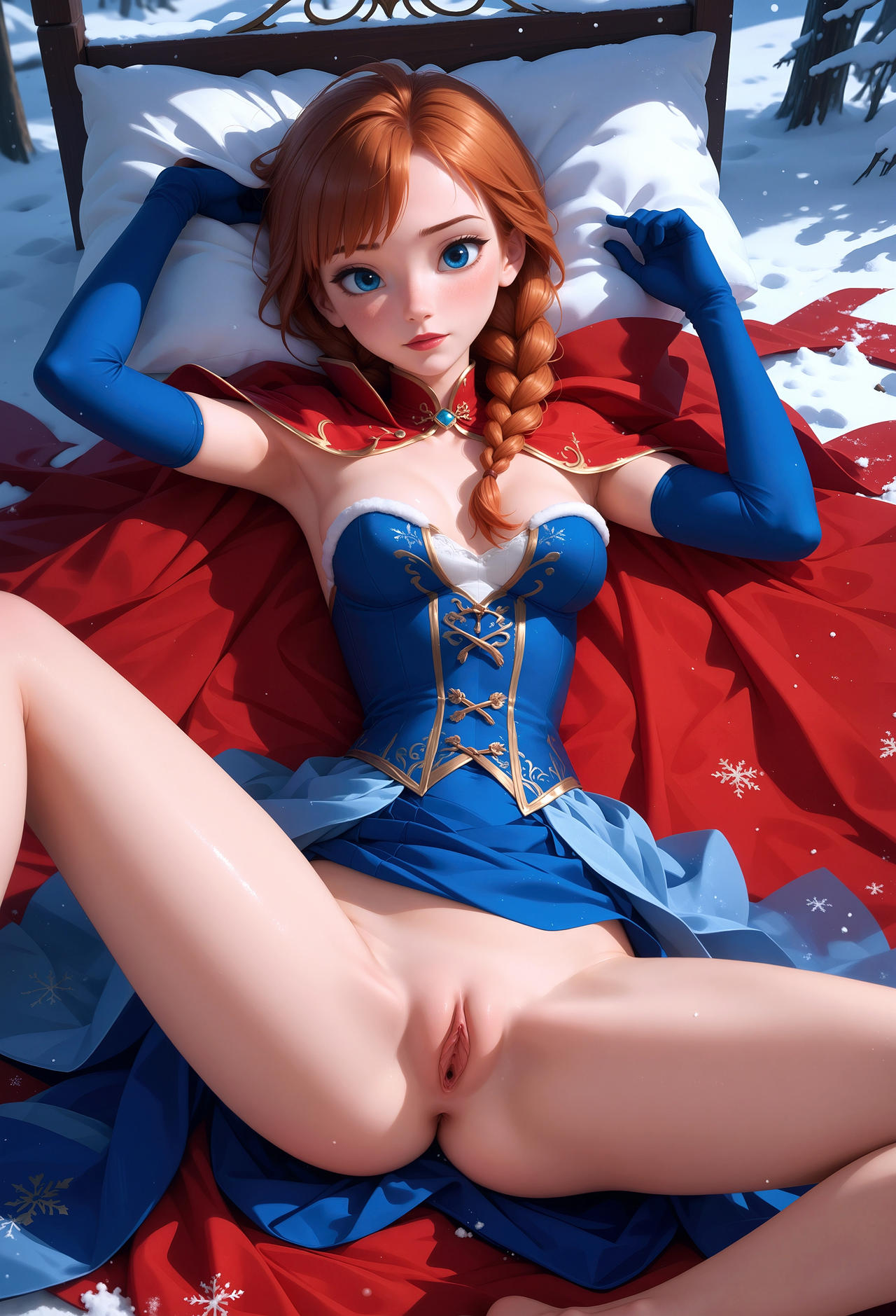 1girls ai_generated anna_(frozen) anus blue_dress blue_eyes_female disney disney_princess dress_up elbow_gloves female_only frozen_(film) looking_at_viewer lying_down no_panties orange_hair_female pussy red_cape rekano33 single_braid solo_female