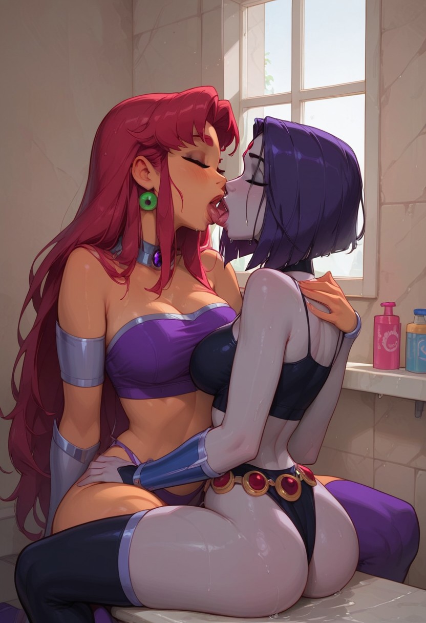 ai_generated ass bathroom breasts closed_eyes dc dc_comics grey_skin kissing large_breasts long_hair lovegwendolyn raven_(dc) red_hair sadtomato short_hair skimpy_clothes starfire teen_titans tongue tongue_kiss tongue_out yuri