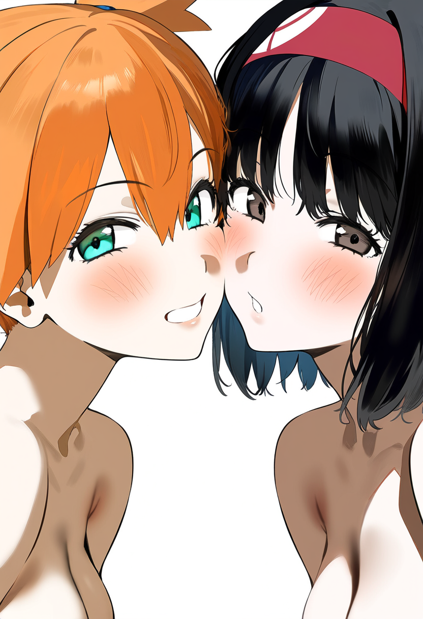 2girls ai_generated aseasemamire asymmetrical_docking asymmetrical_hair bangs bare_shoulders black_eyes black_hair blue_eyes blush breast-to-breast breast_press breasts brown_eyes cheek-to-cheek clavicle cleavage closed_mouth clothing completely_nude erika_(pokemon) eye_contact eyelashes female female_only green_eyes gym_leader hair_between_eyes hairband heads_together headwear kasumi_(pokemon) kasumi_(pokemon) large_breasts long_hair looking_at_viewer medium_breasts multiple_girls nipples nude open_mouth orange_hair parted_lips pokemon pokemon_(anime) pokemon_(classic_anime) pokemon_(game) pokemon_character ponytail red_hairband short_hair side_ponytail smile symmetrical_docking tied_hair upper_body yuri