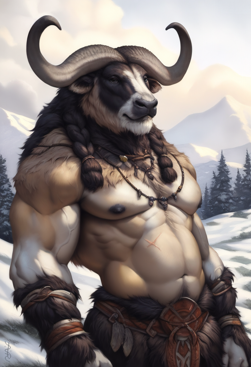 1boy 2024 ai_generated animal_humanoid anthro avaru black_nipples black_nose bovid bovid_humanoid bovine bovine_horn bovine_humanoid braid brown_body brown_fur bull clothing fur horns humanoid male male_focus male_only mammal mammal_humanoid muscular muscular_male muskox nature nature_background navel necklace nipples primal_wilds solo tribal tribal_clothing tribal_jewelry tuft tufted_fur winter