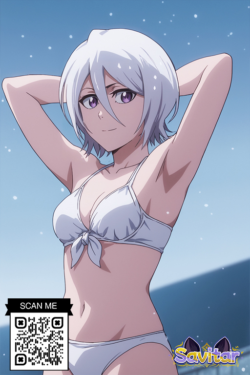 ai_generated armpits arms_behind_head arms_up bikini bleach breasts clavicle cleavage closed_mouth clothing female female front-tie_bikini_top front-tie_top hair_between_eyes kuchiki_rukia littlehentai looking_at_viewer medium_breasts navel purple_eyes savitar savitar_(artist) short_hair sky small_breasts smile solo swimsuit white_bikini white_hair white_swimsuit