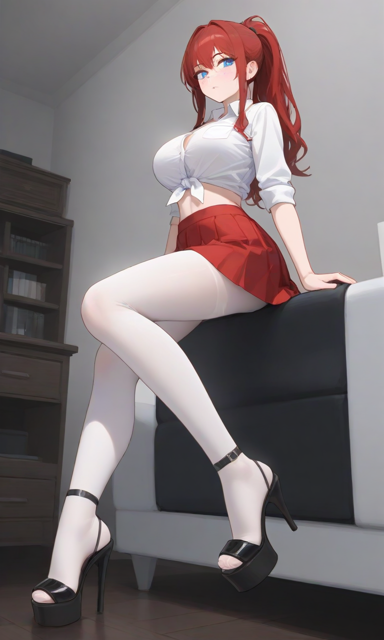 ai_generated ankle_strap_heels black_heels blue_eyes female high_heels huge_breasts large_breasts legwear long_hair midriff miniskirt original pixai ponytail red_hair school_uniform sitting stockings white_legwear white_shirt white_stockings