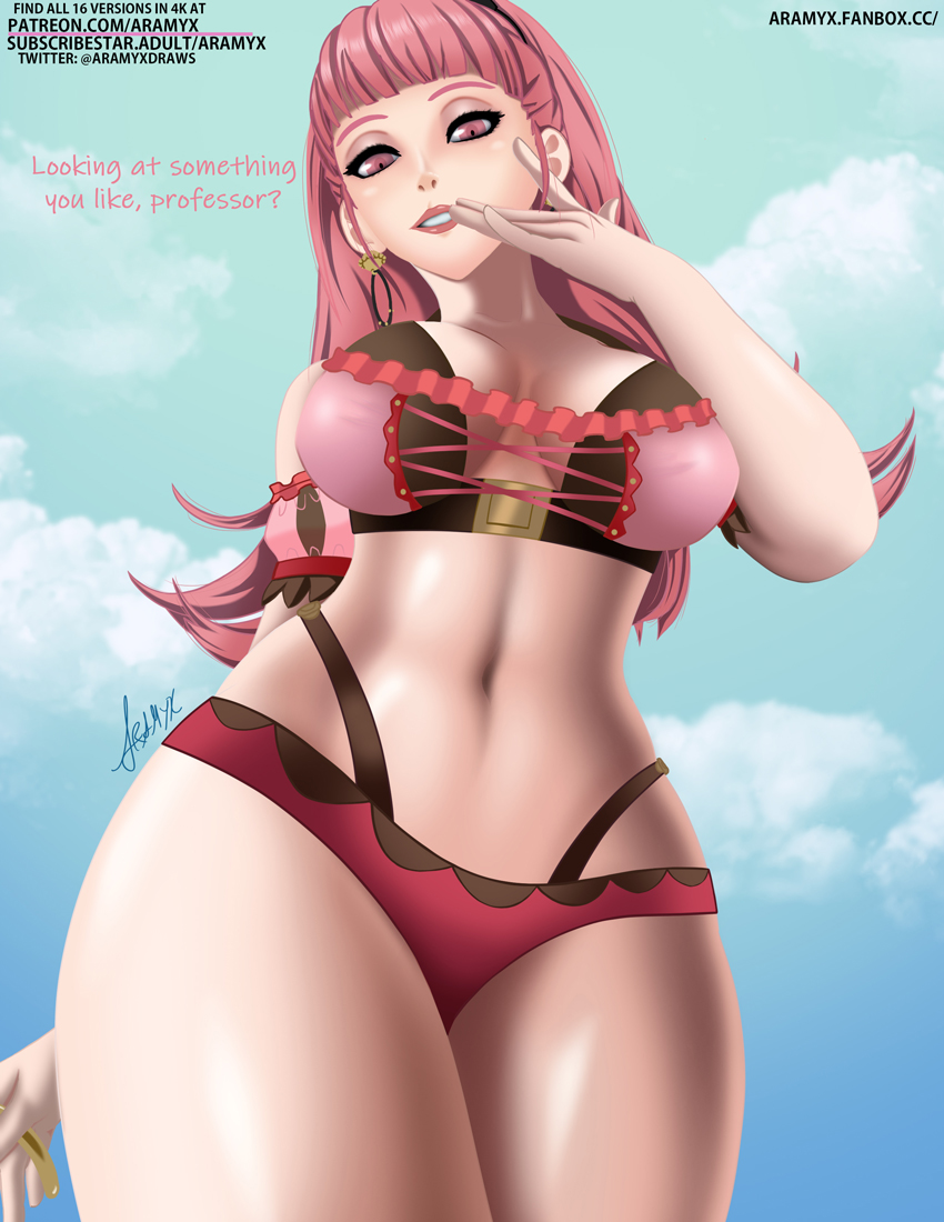 aramyx big_breasts big_breasts dialogue fire_emblem fire_emblem:_three_houses hilda_valentine_goneril huge_breasts official_alternate_costume pink_hair seductive seductive_smile swimsuit thick_thighs twintails wide_hips