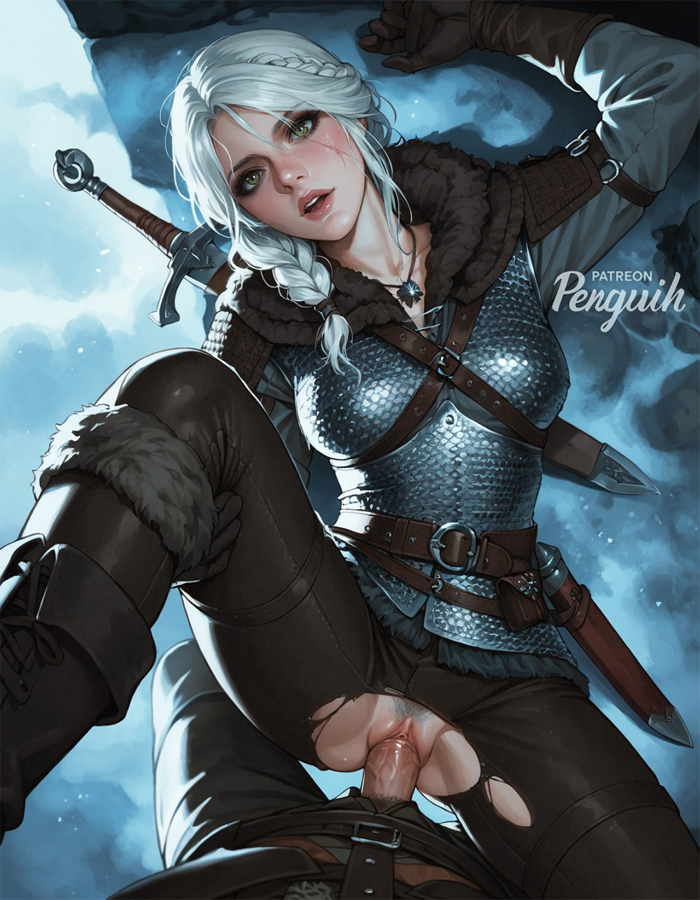 ai_generated braid ciri clothing_damage female light-skinned_female light-skinned_male looking_at_viewer male open_mouth penetration penguih pubic_hair pussy scar sex spread_legs sword the_witcher_(series) the_witcher_4 vaginal_penetration white_hair