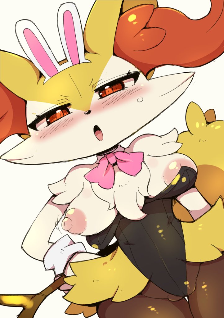 anthro areola biped black_body blush bodily_fluids braixen breasts bunny_costume clothing costume female fur generation_6_pokemon genitals inner_ear_fluff looking_at_viewer nekoyuu nintendo nipples orange_body orange_fur pokemon pokemon_(species) pussy red_eyes simple_background solo sweat tuft white_background white_body white_fur yellow_body yellow_fur