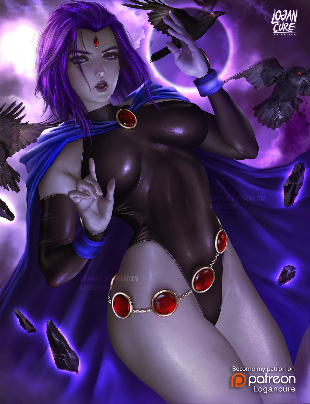 abs, alternate breast size, belt, big breasts, breasts, cleavage, clothing, dc, dc comics, female, female only, footwear, large breasts, leotard, logan cure, looking at viewer, outerwear, rachel roth, raven (dc), solo, straight hair, teen titans, tight clothing