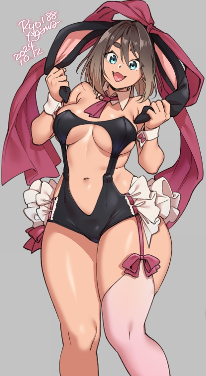 big_breasts blue_eyes bunny_ears bunnysuit happy_female looking_at_viewer ryo_agawa short_hair smiling tagme thighs