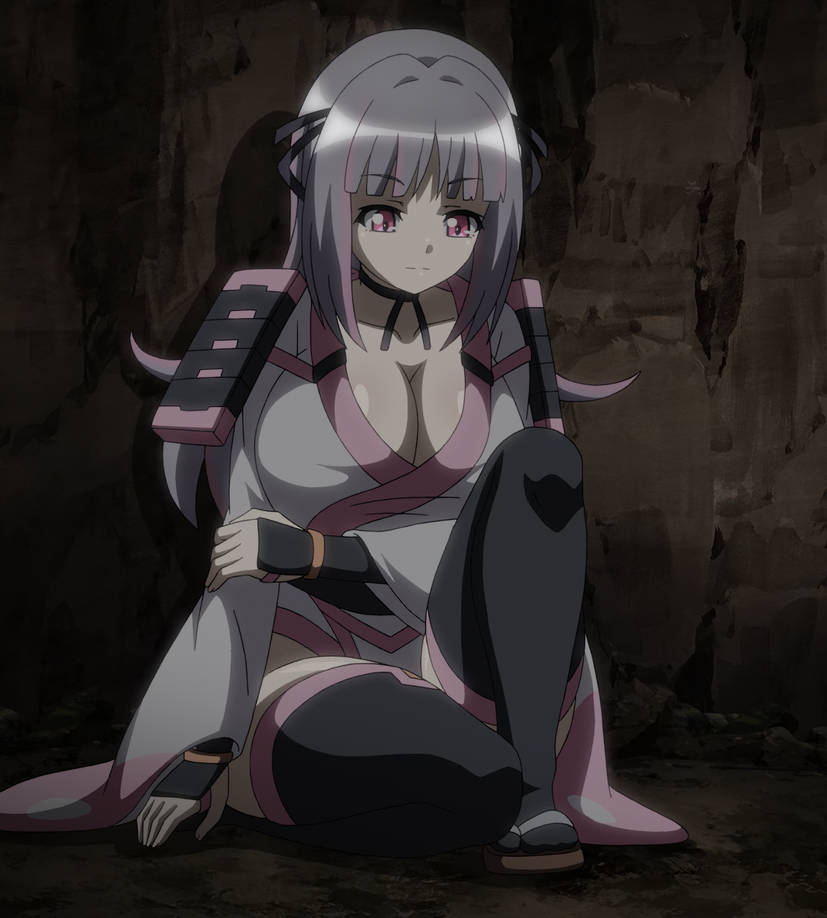 1girls accurate_art_style big_breasts breasts clothed clothing collar collarbone eyebrows eyelashes female female_only goblin_no_suana grey_hair huge_breasts light-skinned_female majin_(company) pink_eyes revealing_clothes samurai sayuki_(goblin_no_suana) screencap