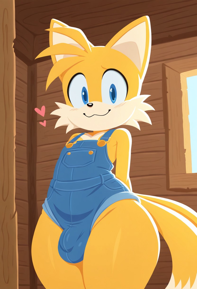 :3 ai_generated animal_ears anthro big_thighs blue_eyes bulge cute femboy femboy_only hands_behind_back hearts leotard looking_at_viewer overalls sonic_(series) sonic_the_hedgehog_(series) tail tails tails_the_fox thick_thighs yellow_fur