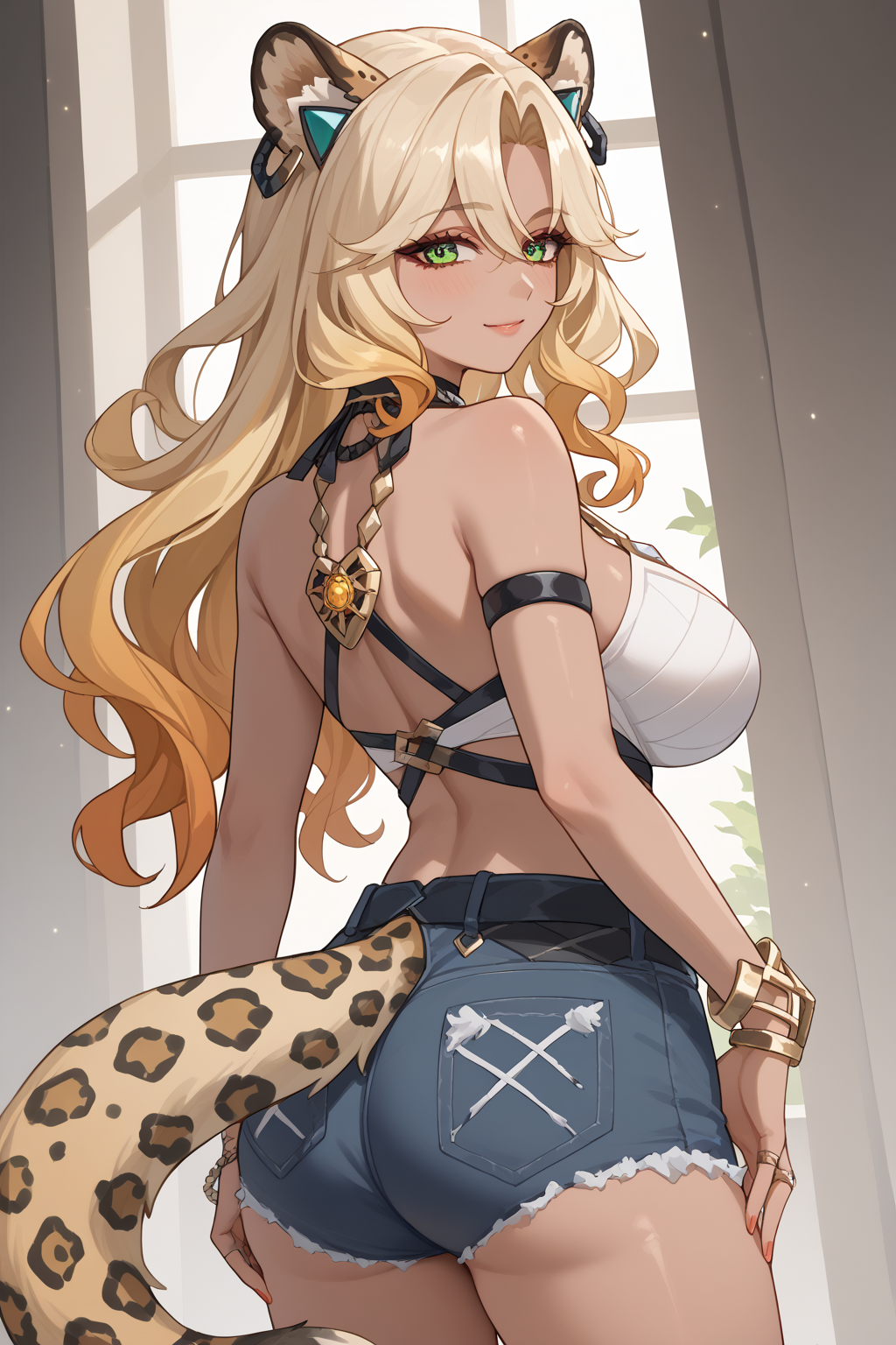 1girls ai_generated animal_ears ass bare_shoulders blonde_hair booty_shorts breasts dark_skin female female_only from_behind genshin_impact green_eyes hoyoverse jaguar_ears jaguar_tail large_breasts long_hair looking_at_viewer looking_back mihoyo mihoyo_technology_(shanghai)_co._ltd. short_shorts shorts sideboob smile solo tail xilonen_(genshin_impact)