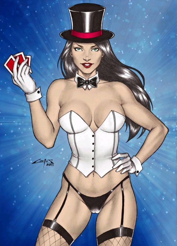 1girls 2014 artist_name artist_signature big_breasts black_bowtie black_garter_belt black_hair black_tie blue_background bow_tie bowtie cards carlos_braga cleavage color colored corset dc dc_comics deviantart deviantart_link female fishnet_legwear fishnet_stockings garter_straps green_eyes hand_on_hip large_breasts looking_at_viewer magician_hat necktie red_lipstick solo solo_female strapless tie white_clothing white_corset white_gloves zatanna zatanna_zatara