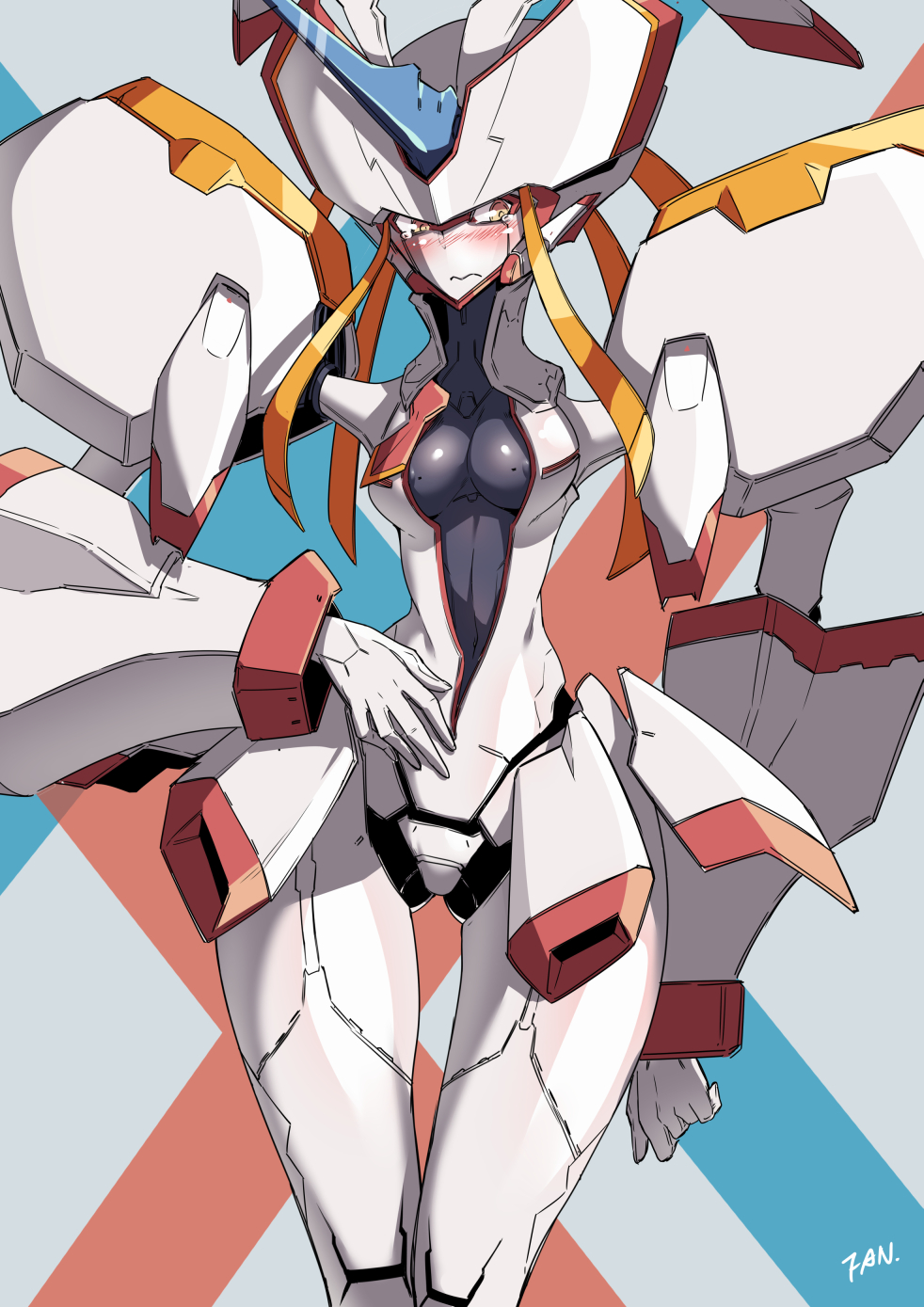 10s, 1girls, areola, areola slip, blush, breasts, center opening, closed mouth, commentary request, darling in the franxx, embarrassed, fan (f.w.zholic), female, flustered, humanization, looking at viewer, mecha, medium breasts, navel, orange eyes, robot, robot girl, signature, solo, standing, strelizia, tearing up, tears, wavy mouth