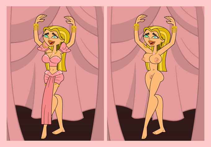 dancing hypnosis hypnotic_eyes hypnotized_undressing kaa_eyes lindsay_(tdi) nude_male pennsatucky total_drama_island totally_naked visible_breasts white_skin yellow_hair