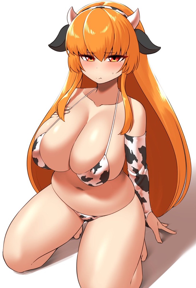 cow_ears cow_print cow_print_bikini hucow huge_breasts kaori_(splatoon) looking_at_viewer nobunagapero original_character