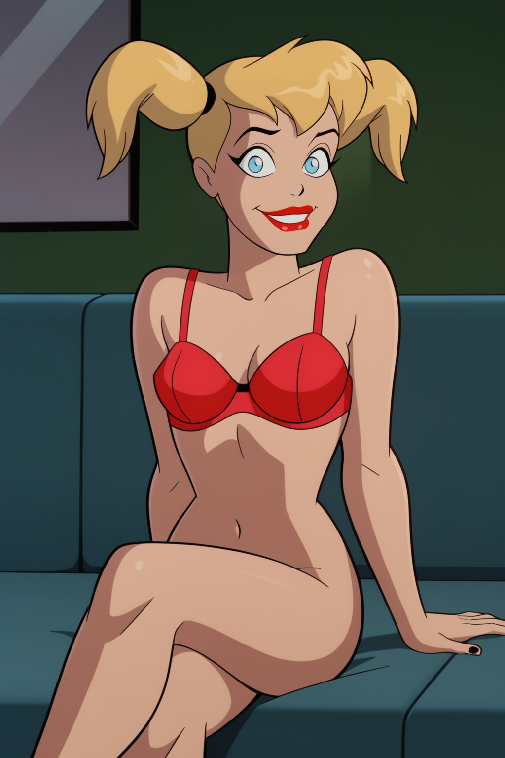 ai_generated arm_support batman:_the_animated_series batman_(series) black_nails blonde_hair blue_eyes bottomless bra breasts cleavage clothing couch crossed_legs curvy curvy_ass curvy_female curvy_figure curvy_hips dc dc_comics dcau female female_only furniture harleen_quinzel harleen_quuinzel harley_quinn harley_quinn_(classic) indoors lipstick looking_at_viewer makeup medium_breasts nail_polish navel pantsu red_bra red_lips short_twintails sitting smile solo tied_hair twintails underwear underwear_only warner warner_bros warner_brothers