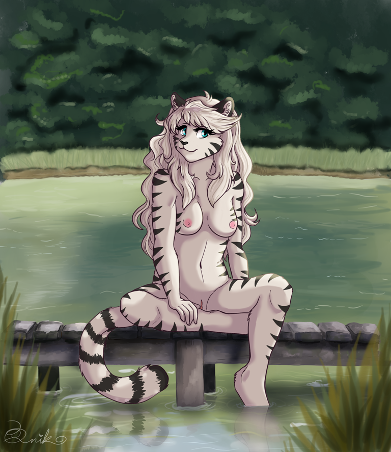 2018 5_fingers anthro biped black_fur black_nose black_stripes black_tail blue_eyes breasts bridge cheek_tuft collarbone crossed_legs eyelashes feline female front_view fur grass hair hand_on_leg humanoid_hands inner_ear_fluff kisa_schatz lake lighting long_hair looking_aside looking_away mammal medium_breasts nature navel nipples nude outside partially_submerged pink_nipples pink_pussy pinup pose pussy q-nik reflection shadow signature sitting smile solo striped_fur striped_tail stripes tiger tiger_stripes tuft two_tone_tail water water_reflection white_fur white_hair white_tail white_tiger