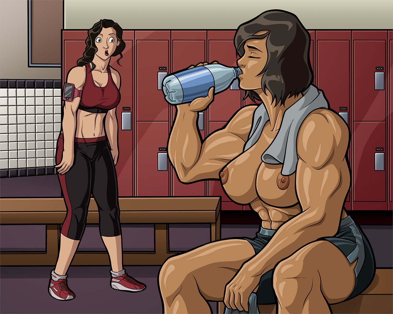 2girls abs asami_sato avatar_legends breasts brown_hair brown_nipples casual casual_exposure casual_nudity chocolate_and_vanilla closed_eyes clothing dark-skinned_female dark_skin electronics female fit_female gym gym_clothes gym_uniform half_naked human korra light-skinned_female light_skin lipstick locker_room long_hair muscular muscular_female nipples pale_skin phone public purple_eyeshadow red_lipstick short_hair sportswear surprised tank_top the_avatar the_legend_of_korra toned toned_female topless topless_female trpxart water_bottle water_tribe