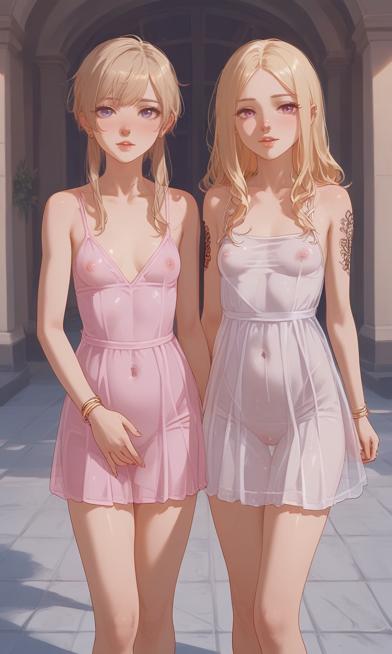 2girls ai_generated bangs blonde_hair covered_nipples dress female identical_twins navel nose_piercing original_character pale_skin petite red_eyes see-through see-through_clothing septum_piercing skinny small_breasts tattoo translucent_clothing twins