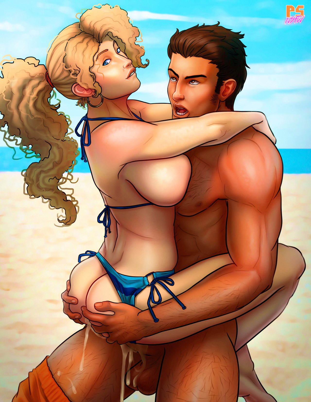 ambiguous penetration, ass, ass grab, balls, beach, bikini, bikini aside, biting lip, blonde hair, blue bikini, breasts, commission, couple, cum, cum inside, cumdrip, earrings, female, freckles, hairy legs, hoop earrings, house of vanilla, large breasts, leg lock, male, muscular, muscular male, original, original character, outdoors, paul (house of vanilla), penis, ponytail, pumpkinsinclair, sex, side-tie bikini, straight, swimsuit, tan, tan skin, testicles, upright straddle, wyd (house of vanilla)