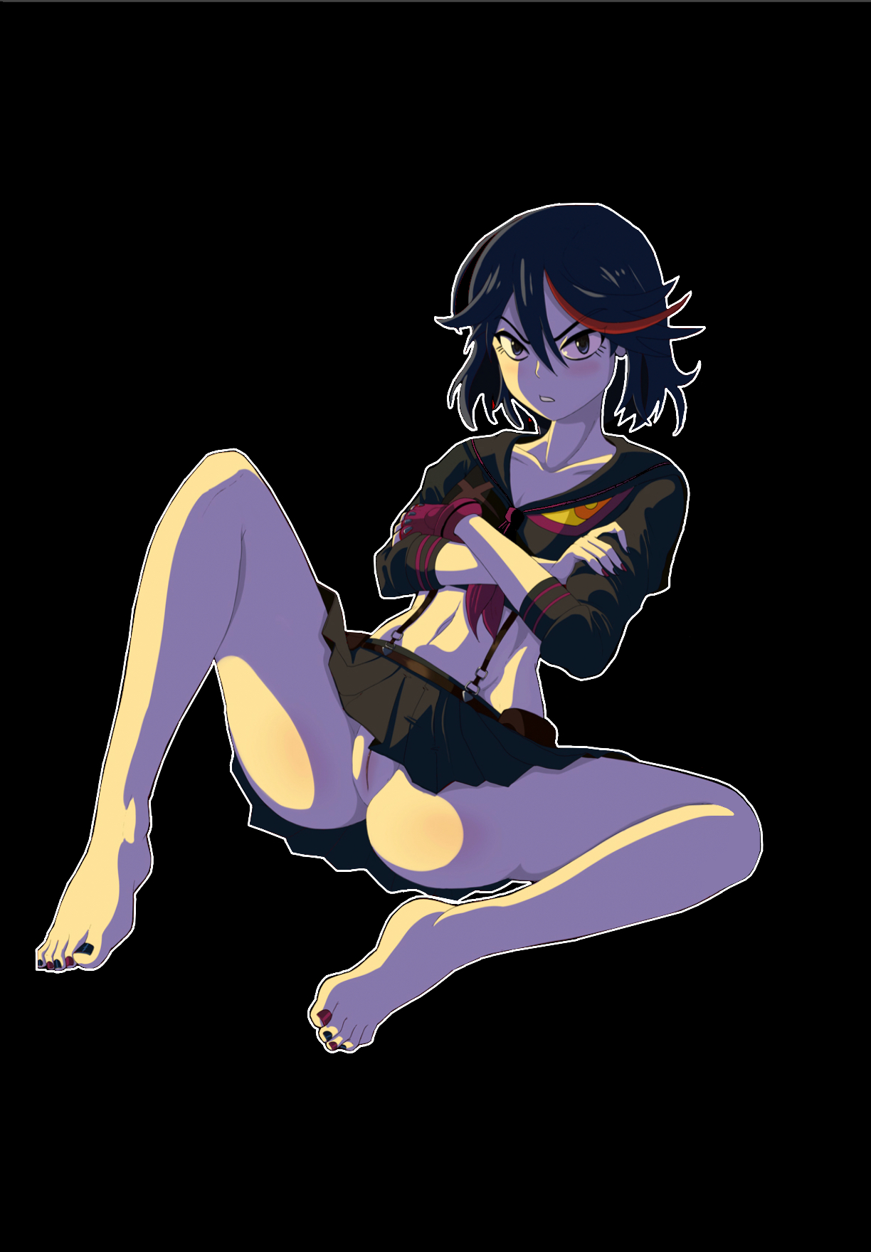 annoyed, arms crossed, barefoot, black hair, blush, bottomless, edit, female, glove, kill la kill, looking at viewer, matoi ryuuko, nail polish, pussy, shadman, shirt, short hair, sitting, skirt, solo, spread legs, upskirt