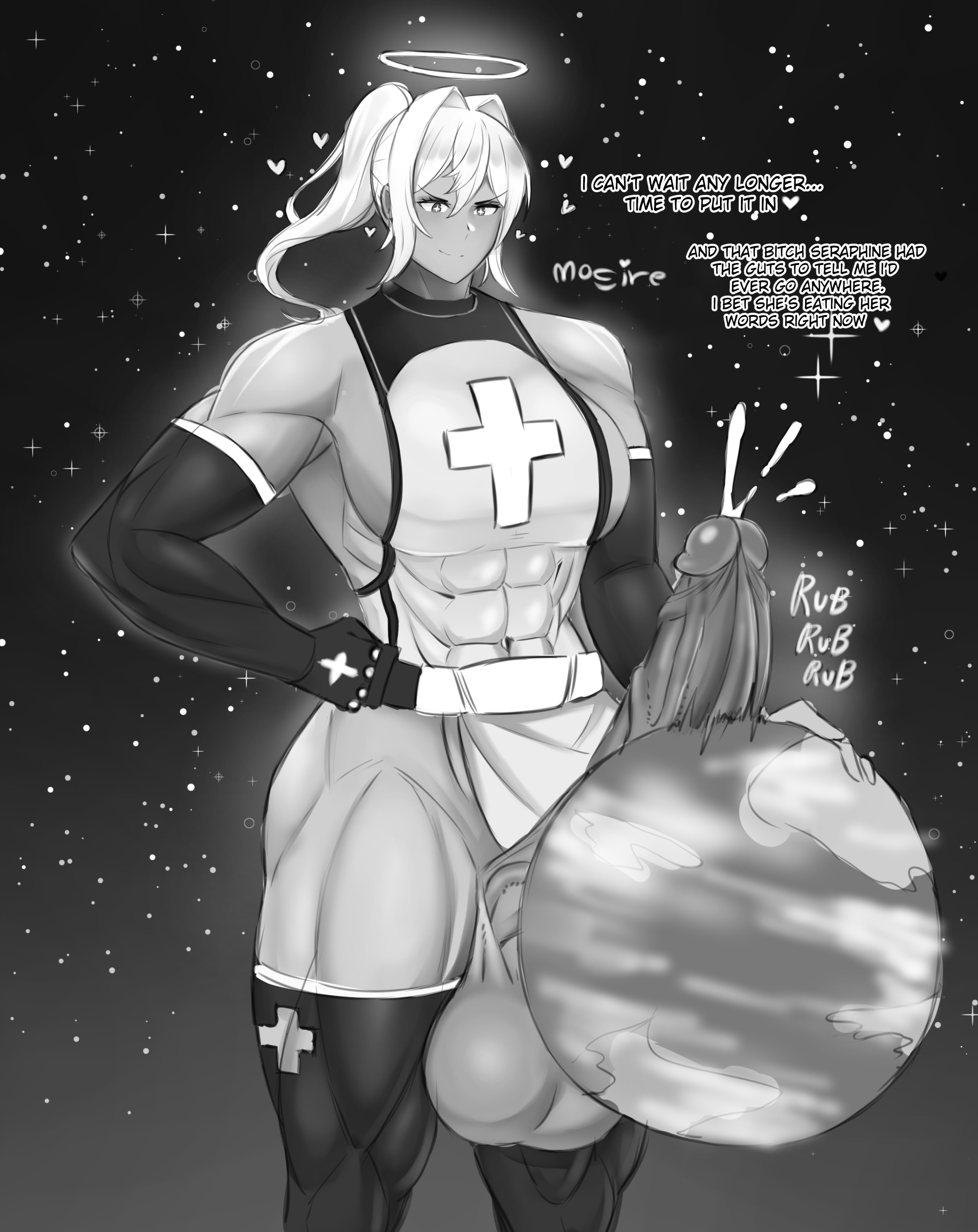 black and white, cumming the world, dialogue, futa focus, futa only, futanari, giant futa, giantess, halo, intersex, macro, mogire, muscular, muscular futa, planet, precum, tagme