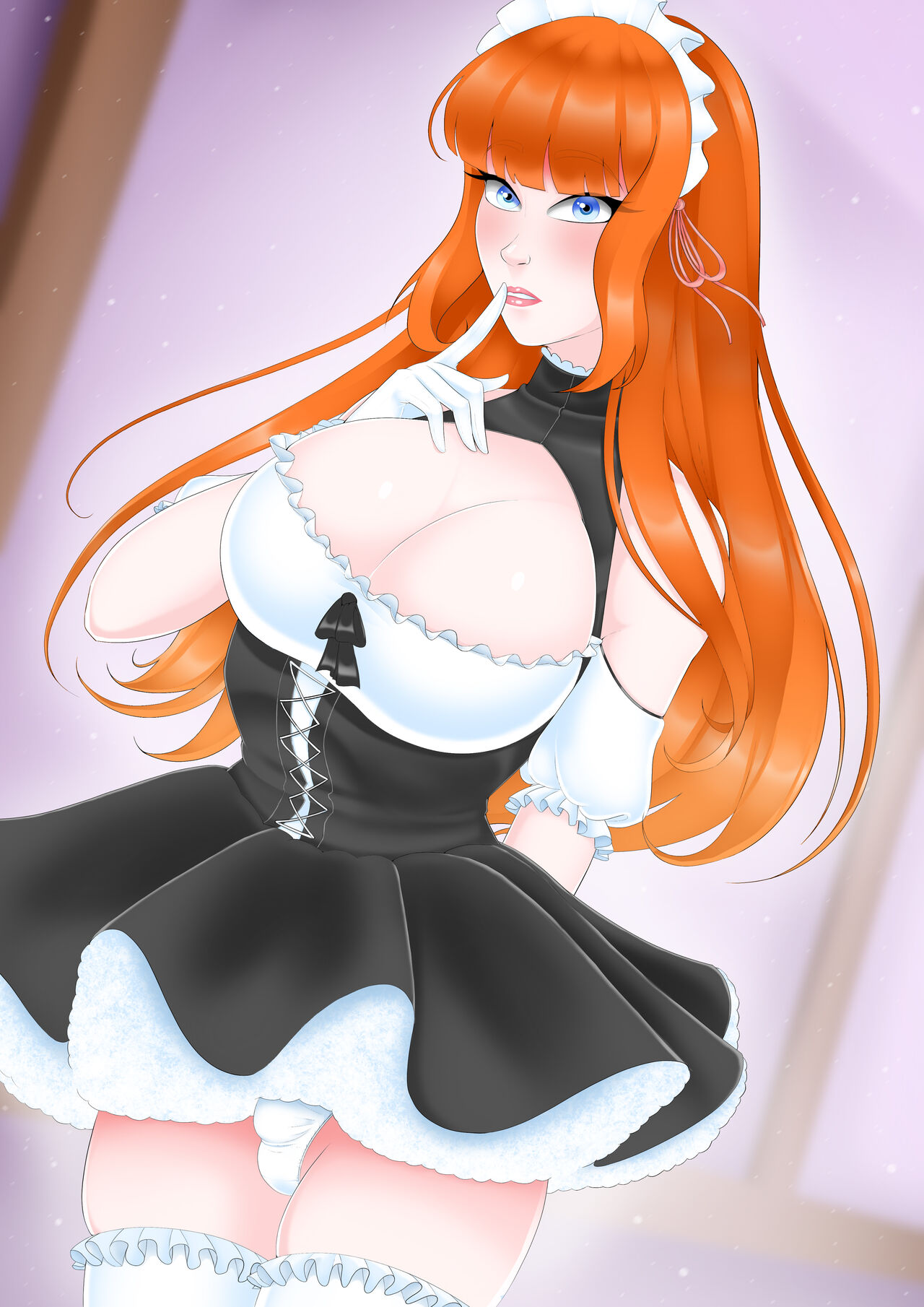 1futa blue_eyes breasts bulge finger_to_mouth futa_only futanari glove jesscatg large_breasts long_hair low_cut_top maid maid_headdress maid_outfit maid_uniform orange_hair penis_bulge penis_in_panties scarlet_(jesscatg) skirt solo stockings