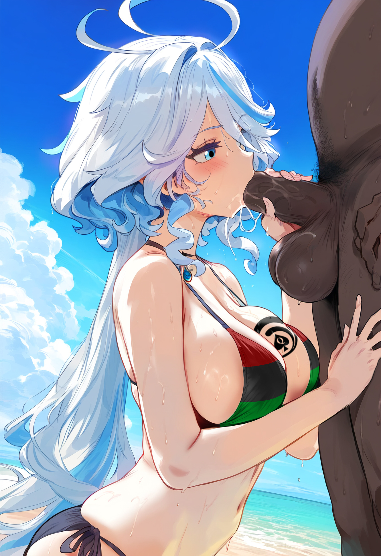 ai generated, bikini, breasts, dark skin, dark-skinned male, fellatio, female, furina (genshin impact), genshin impact, himeno, large breasts, male, oral, qos, qos tattoo, queen of spades, queen of spades symbol, queen of spades tattoo, submissive, wet