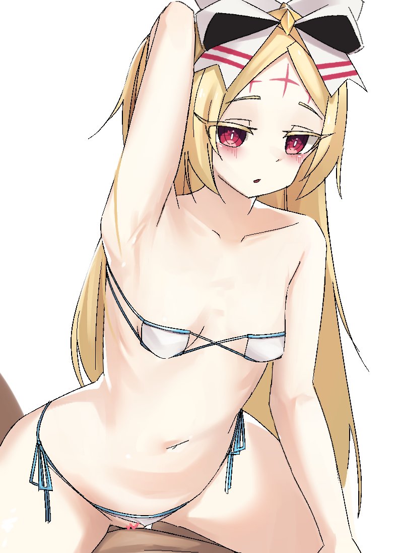 1boy arm_up armpits bikini blonde_hair blush bow breasts censored commentary_request cowboy_shot cowgirl_position cowgirl_position expressionless eyepatch_bikini female hairbow long_hair mahou_shoujo_ni_akogarete morino_korisu navel nero_alice nouka open_mouth pussy red_eyes scribble_censor sex simple_background small_breasts solo_focus straddling straight swimsuit vaginal_penetration white_background white_bikini white_bow