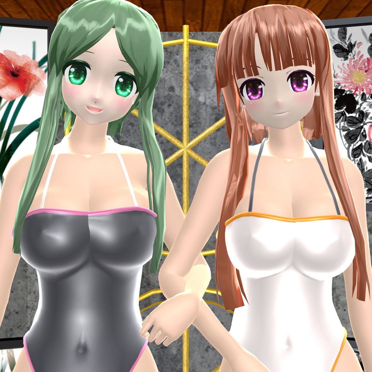 2024 2girls 3d arm_holding belly_button big_breasts black_swimsuit brown_hair_female busty cleavage covered_navel duo_female duo_focus female green_eyes green_hair_female hati_yukkuri_mmd hidden_star_in_four_seasons holding_each_other human inside inside_view jpeg large_breasts light-skinned_female looking_at_viewer mmd nishida_satono pink_eyes rubber rubber_clothing smile smiling_at_viewer swimsuit teireida_mai touhou white_swimsuit