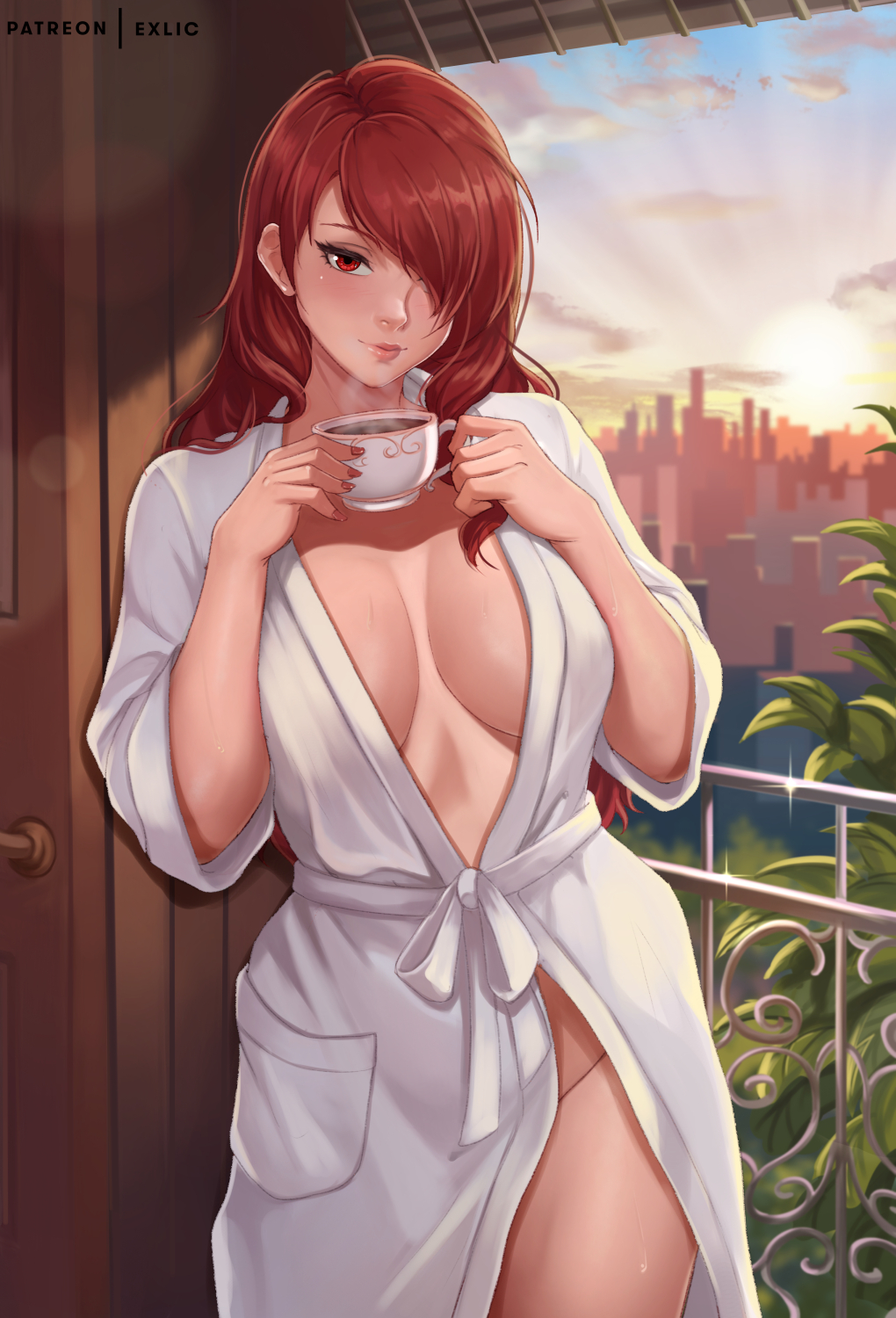 1girls breasts breasts_apart building casual city cityscape closed_mouth coffee cup exlic groin hair_over_one_eye highres holding holding_cup japanese_clothes kimono large_breasts long_hair looking_at_viewer mitsuru_kirijo naked_kimono patreon_username persona persona_3 red_eyes red_hair red_nails sky skyscraper smile solo sun sunrise white_kimono yukata