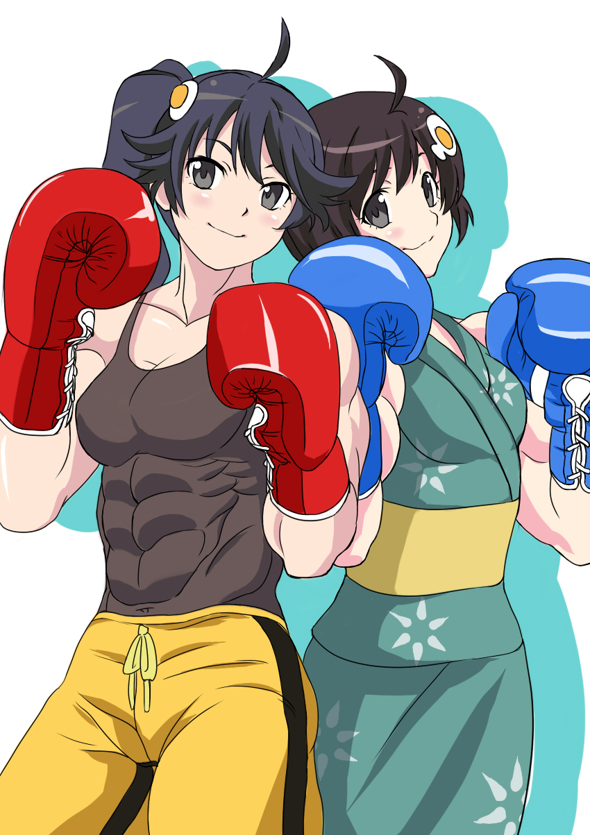 2girls ahoge alternate_muscle_size aqua_kimono araragi_karen araragi_tsukihi bangs bare_shoulders black_hair black_tank_top blue_boxing_gloves blue_kimono blue_yukata blush boxing_gloves cleavage closed_mouth commentary covered_abs covered_navel cowboy_shot egg_hair_ornament female female_only floral_print flower_print fried_egg glow_(g10w) grey_eyes gym_shorts hair_between_eyes hair_ornament hands_up head_tilt human human_only kimono long_hair looking_at_viewer medium_bangs medium_breasts monochrome_background monogatari_(series) muscle muscle_girl muscles muscular muscular_arms muscular_female nisemonogatari no_jacket obi ponytail red_boxing_gloves short_hair shorts siblings sisters sleeveless sleeveless_kimono smile sports_shorts standing tank_top white_background yellow_belt yellow_shorts yukata