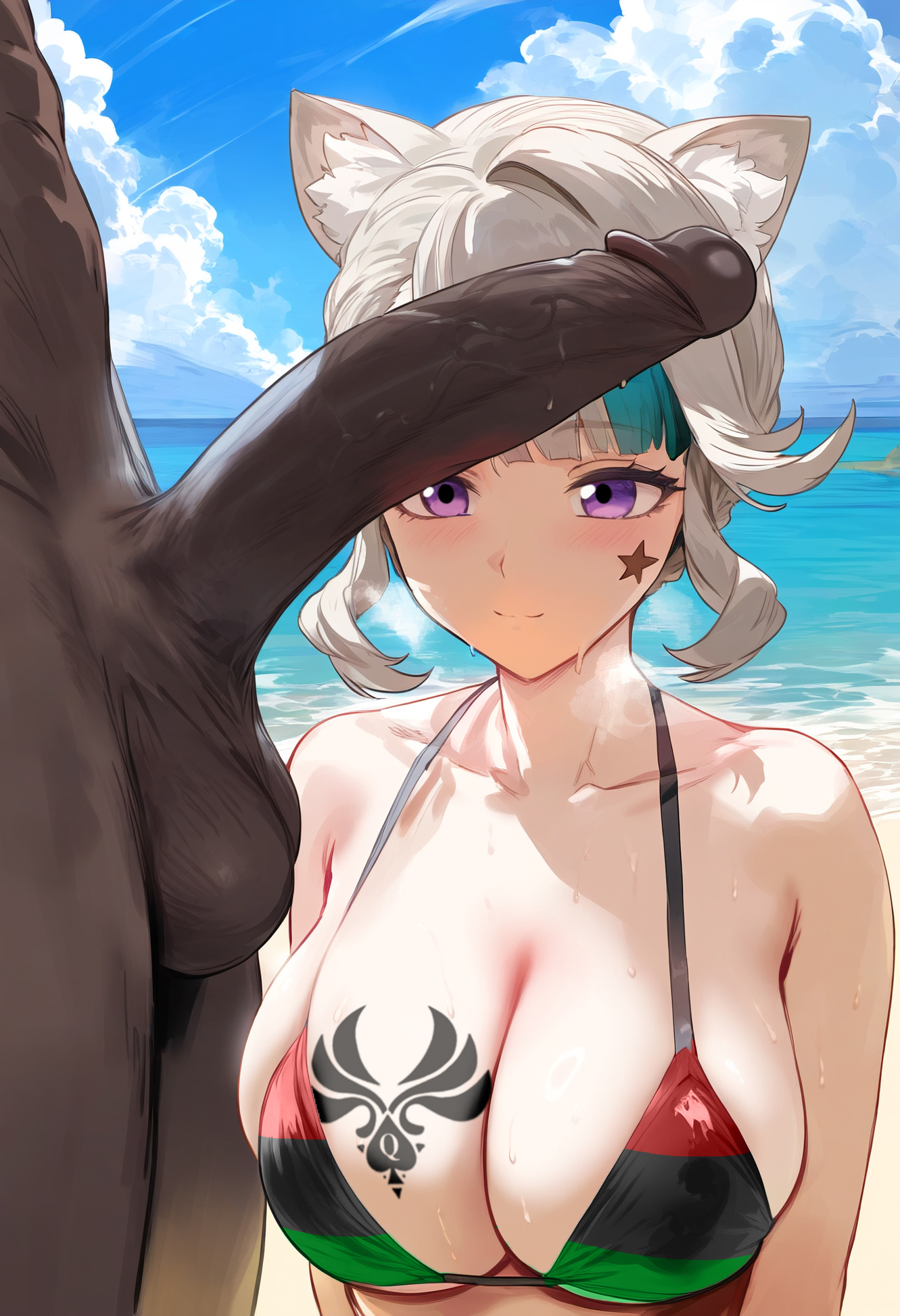ai generated, big penis, bikini, dark skin, dark-skinned male, genshin impact, himeno, lynette (genshin impact), male, penis, qos, qos tattoo, queen of spades, queen of spades symbol, queen of spades tattoo