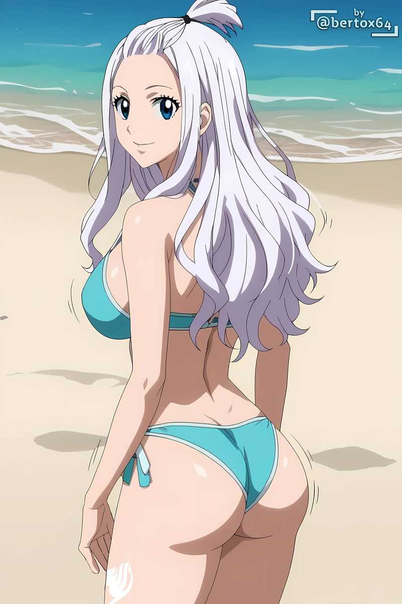 1girls ai_generated beach bertox64 bikini fairy_tail looking_back mirajane_strauss sand solo swimsuit