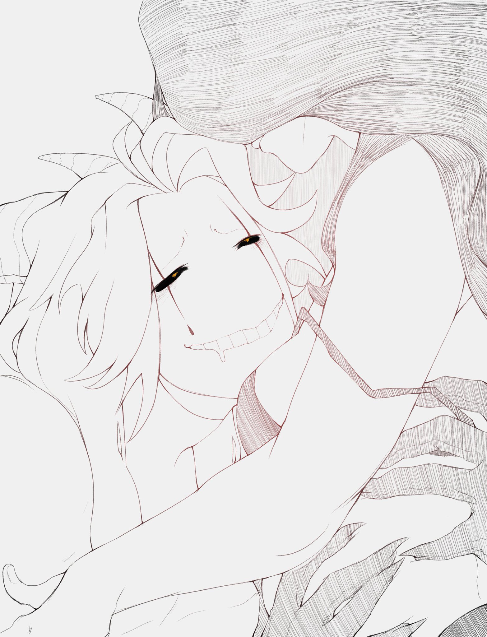 1boy1girl, 3 horns, black sclera, blush, blush lines, bra strap down, bra strap slip, clawed fingers, clawed gloves, clawed hands, claws, colored sketch, commission, commission art, cuddling, drool, drooling, long hair, long hair male, obsessed, obsessed male, obsession, oneirocorrp, original character, pierrot (the freak circus), sketch, the freak circus, underwear, underwear only, yellow eyes