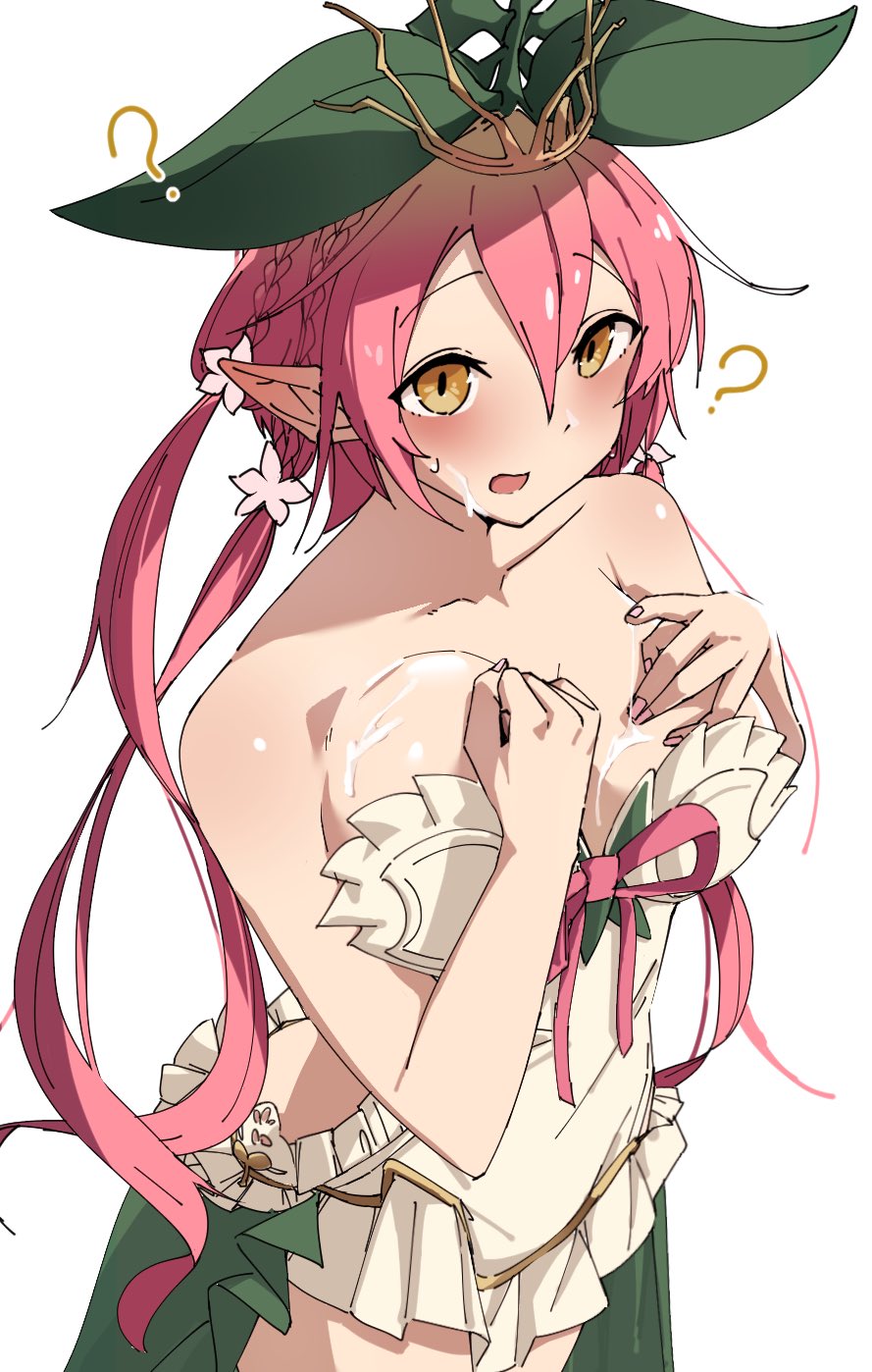 ? blush braid breasts commentary cowboy_shot crown_braid cum cum_on_body cum_on_breasts facial female frilled_shirt frills granblue_fantasy green_skirt hair_between_eyes highres large_breasts long_bangs long_hair looking_at_viewer nouka open_mouth pink_hair pink_ribbon plant_on_head pointy_ears quad_tails ribbon shirt showgirl_skirt simple_background skirt solo strapless strapless_shirt tiara white_background white_shirt yellow_eyes yggdrasil_(granblue_fantasy)