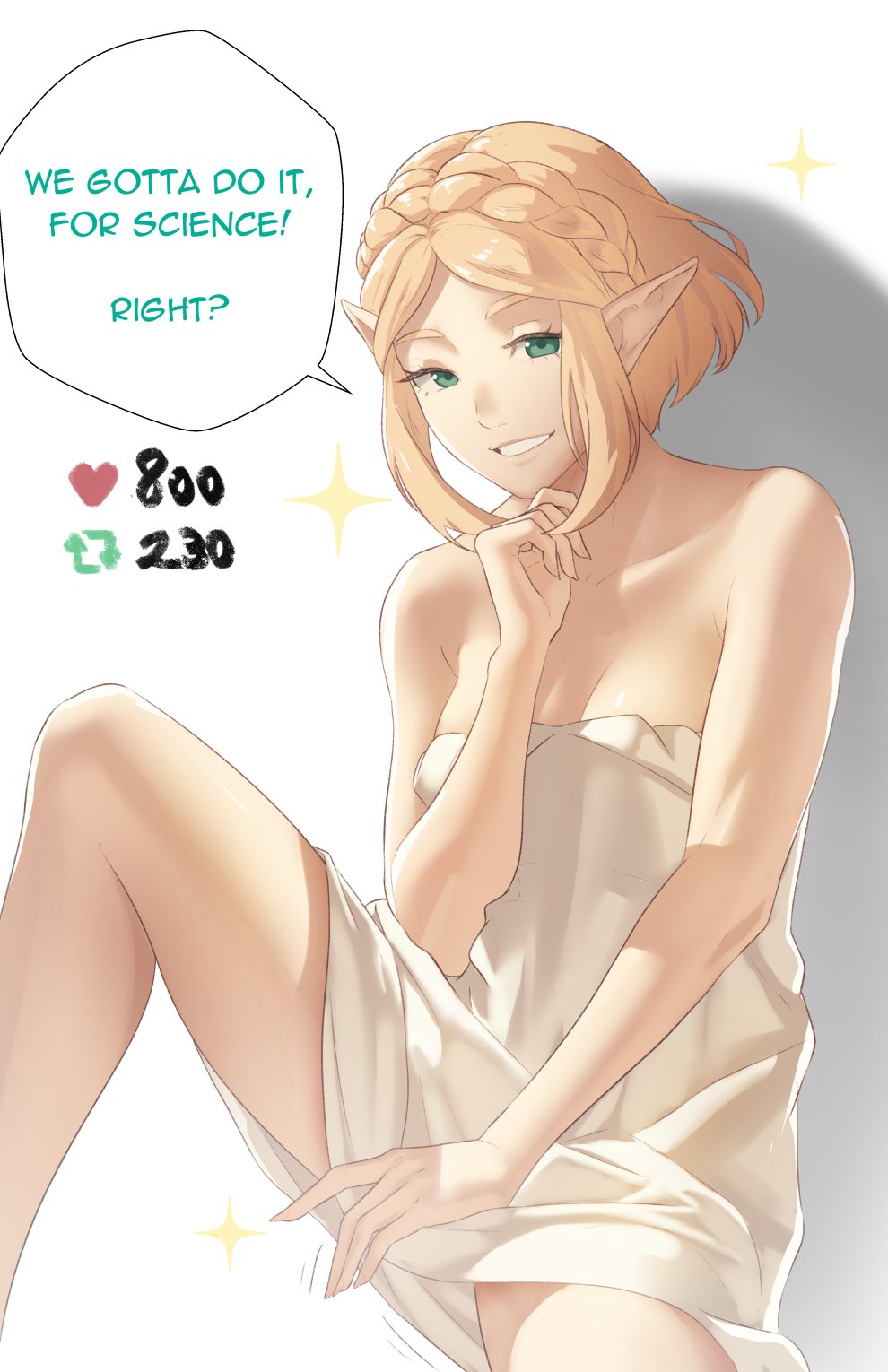 1girls bare_arms bare_shoulders blonde_hair braid breasts collarbone covering_crotch covering_privates dress english_text female female_only green_eyes grin hand_on_own_chin highres leg_up looking_at_viewer medium_breasts meme motion_lines nintendo pointy_ears pomelomelon princess_zelda sidelocks sitting smile solo sparkle strapless strapless_dress tears_of_the_kingdom text the_legend_of_zelda the_legend_of_zelda:_tears_of_the_kingdom twitter_strip_game_(meme) white_background zelda_(tears_of_the_kingdom)