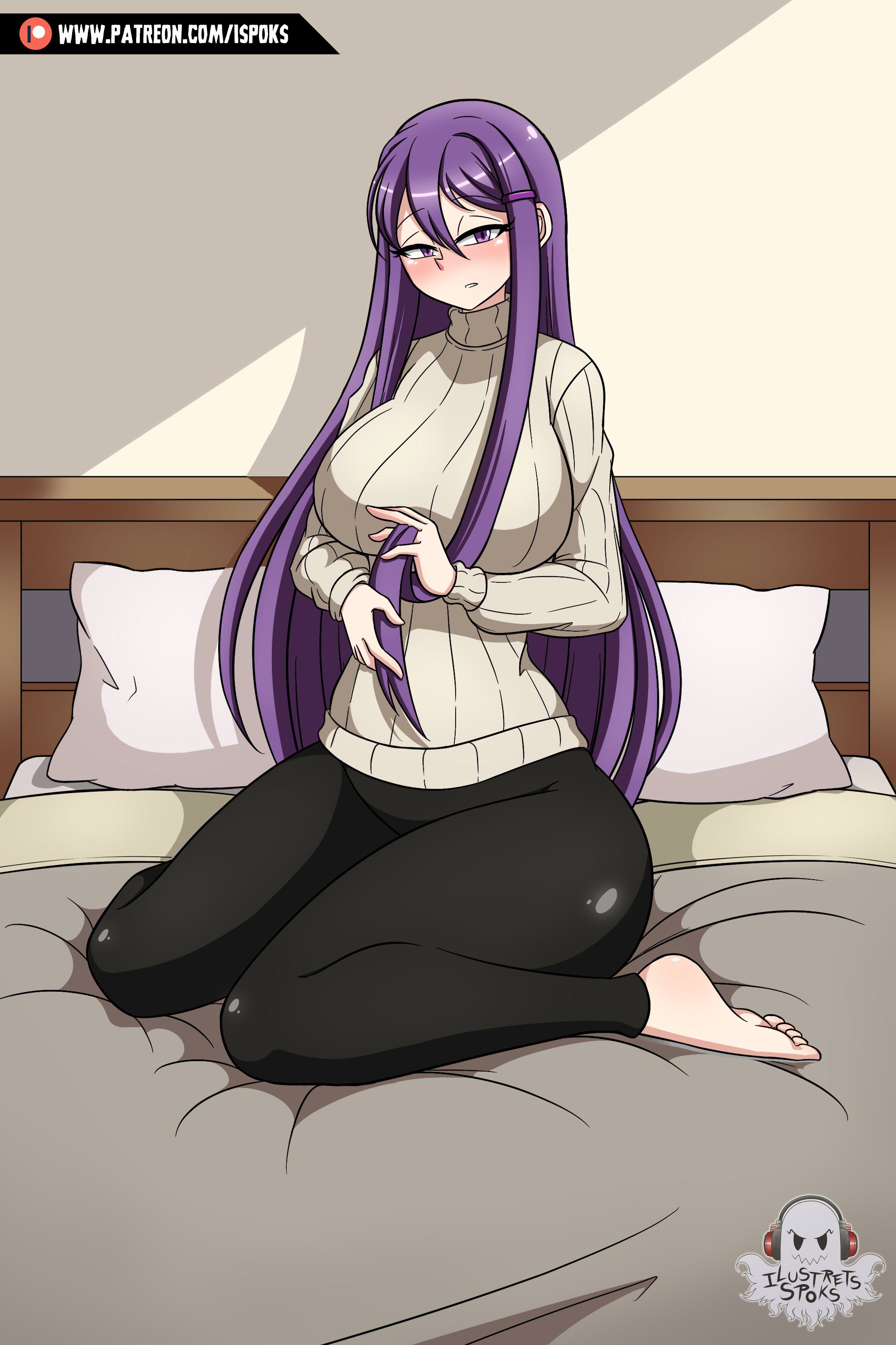 1girls, barefoot, bed, big breasts, blanket, blush, breasts, busty, clothed, clothing, cute, doki doki literature club, feet, female, female only, ilustretsspoks, large breasts, long hair, looking at viewer, on bed, pants, pillow, purple hair, sheet, sheets, solo, sweater, thick, thick thighs, thighs, yuri (doki doki literature club)