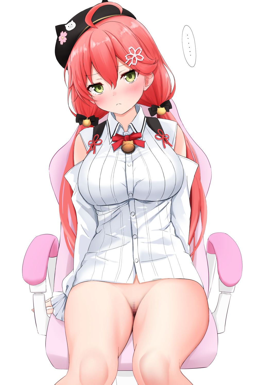 ... ahoge bell beret blush bow bowtie breasts censored chair closed_mouth clothing_cutout collared_shirt embarrassed ex_idol female gaming_chair green_eyes hair_ornament hairbow hairclip hat highres hololive impossible_clothes impossible_shirt jingle_bell large_breasts long_sleeves mosaic_censoring neck_bell official_alternate_costume on_chair pink_hair pussy sakura_miko sakura_miko_(casual) shirt shoulder_cutout sitting solo swivel_chair twintails underwear virtual_youtuber