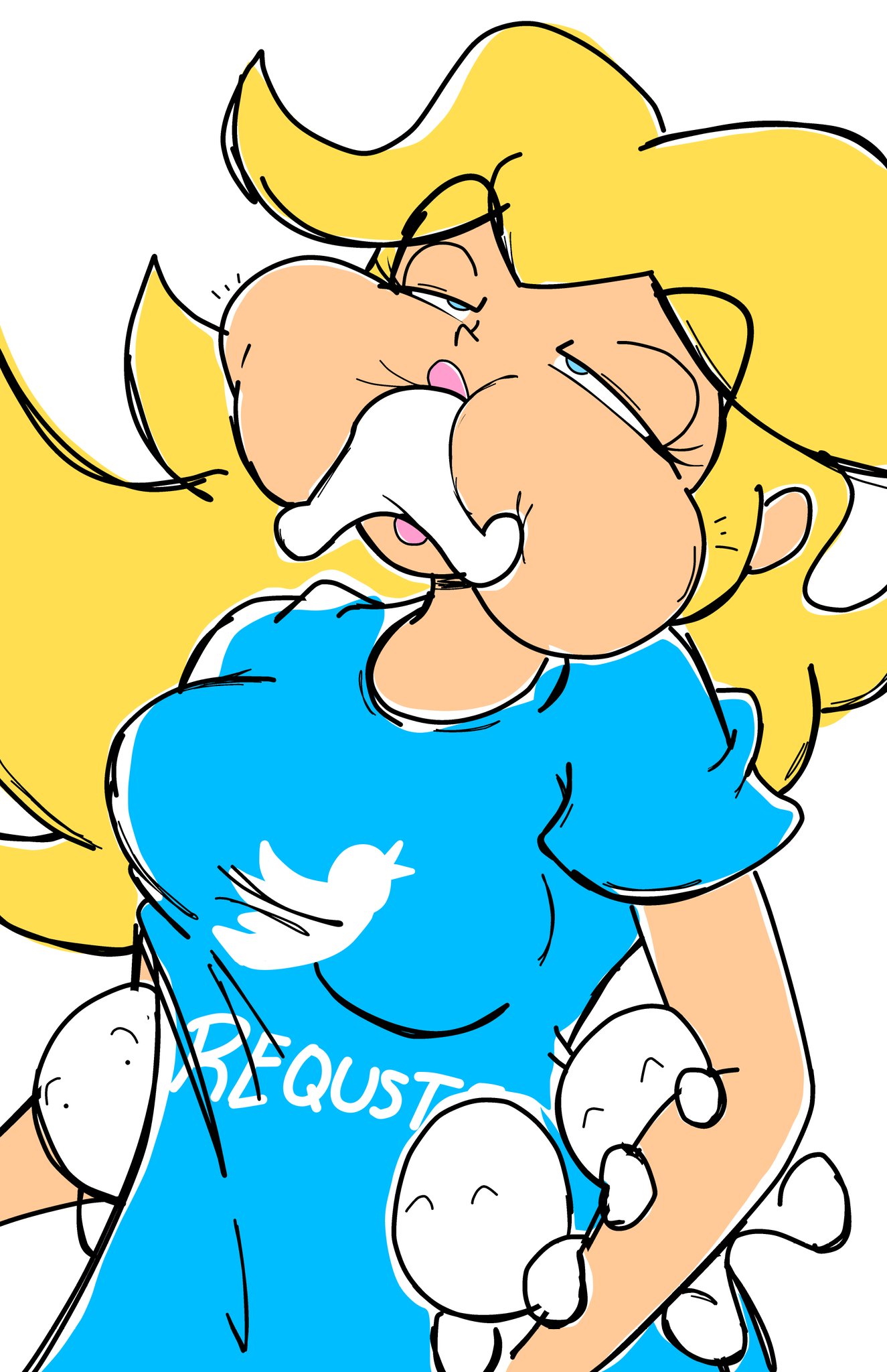 anonymous_character blonde_hair blue_eyes blue_shirt cheek_bulge dp1up giantess long_shirt mario_(series) multiple_prey pink_lips princess_peach twitter_logo vore