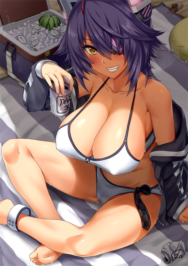 blush, bra, breasts, cameltoe, cleavage, darkmaya, female, female only, hair over one eye, huge breasts, kantai collection, looking at viewer, panties, pussy, solo, tenryuu (kantai collection)